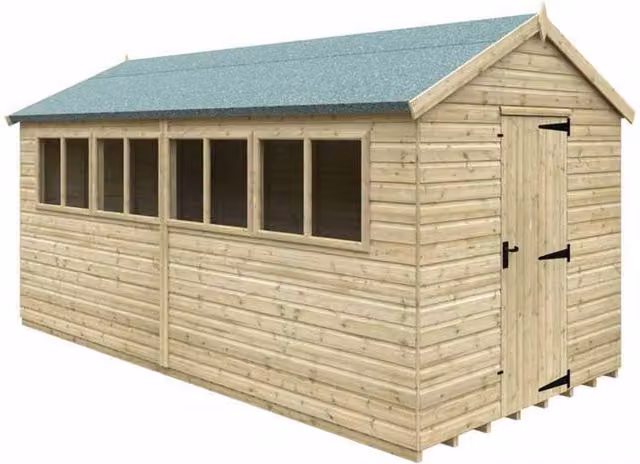 Buttercup Farm Apex Premier 16mm Wooden Garden Shed in Natural Wood, W: 487.7 cm, D: 243.8 cm, H: 235.0 cm