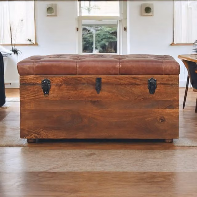 Artisan Furniture Rustic Mango Wood and Brown Leather Storage Trunk