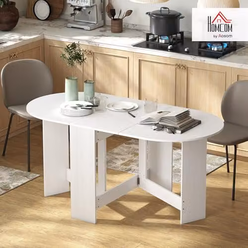 HOMCOM Oval Folding Dining Table in White with Butterfly Drop Leaf for Small Spaces, W/D/H: 163 x 80 x 75 cm – 2
