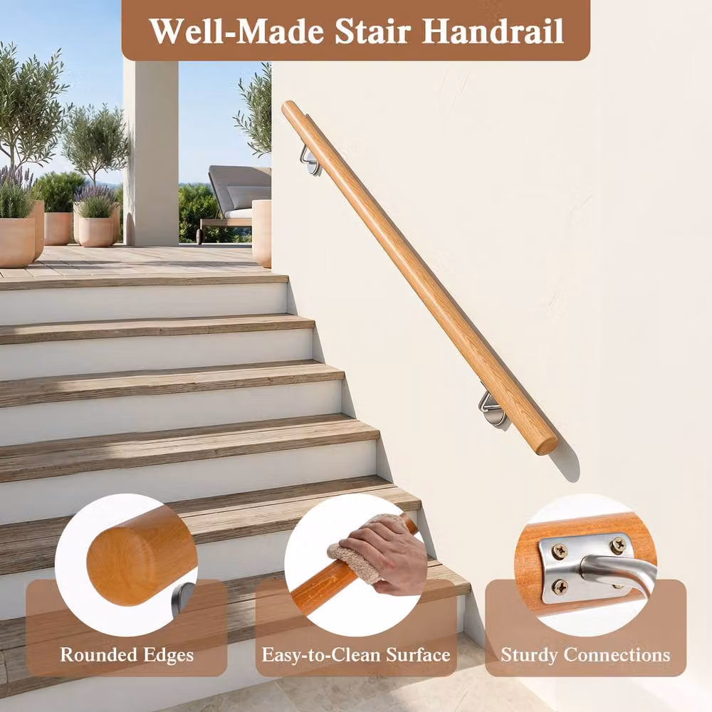 Gymax Beech Wood and Stainless Steel Wall Mounted Staircase Handrail, Brown, Length: 200 cm, Width: 80 cm – 2