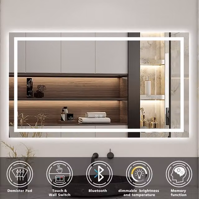 AicaBathroom LED Bathroom Mirror with Bluetooth Speaker and Touch Control, White, Width: 120 cm