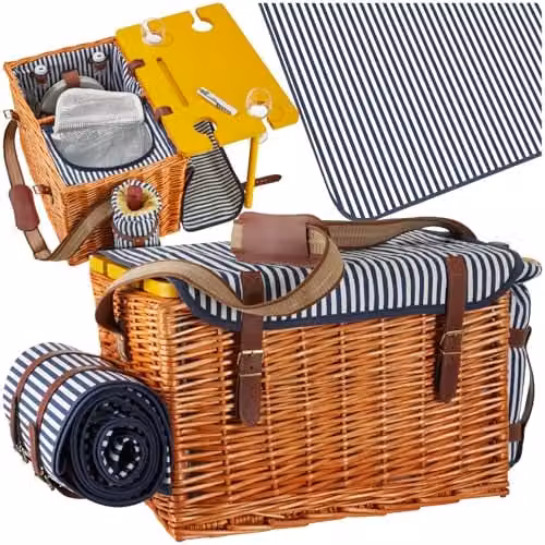 tectake Rügen Picnic Basket in Brown with 24-Piece Dinnerware Set and Cooler Compartment