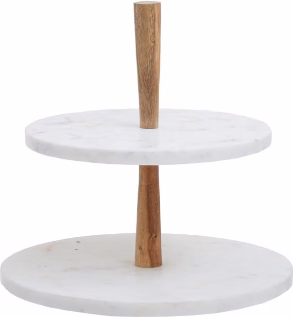 Orsina Monzaro Two Tier Round Marble and Solid Wood Cake Stand in White