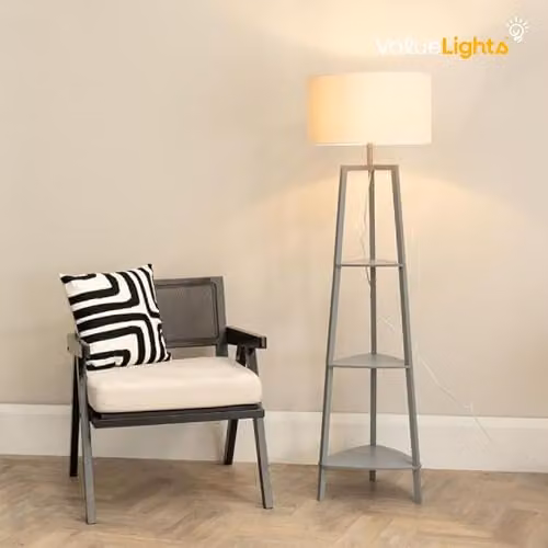 ValueLights Grey Wooden 3 Tier Shelf Floor Lamp with White Fabric Drum Shade and Included LED Bulb – 2