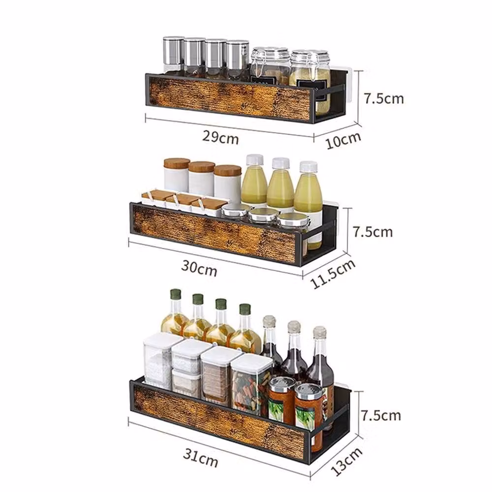 Havendro 3-Piece Rustic Wood and Metal Wall Mounted Spice Rack and Kitchen Storage Shelf in Black and Multicolour – 2