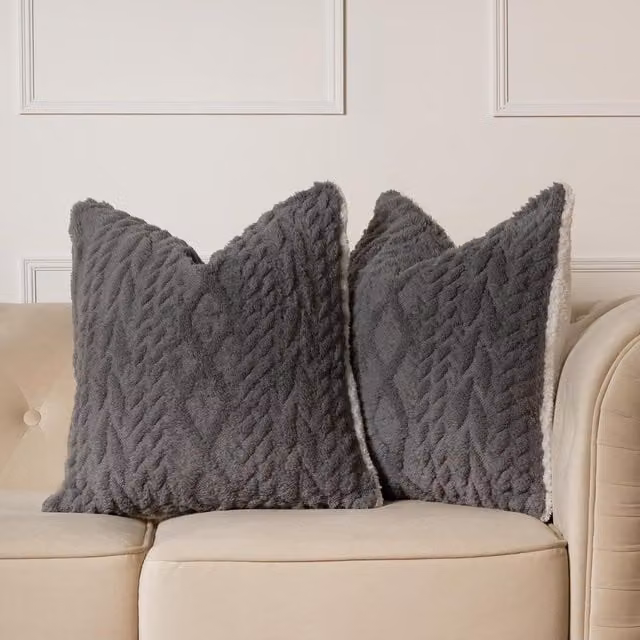 OHS Pack of 2 Square Cable Knit Teddy Cushion Covers in Grey and Beige