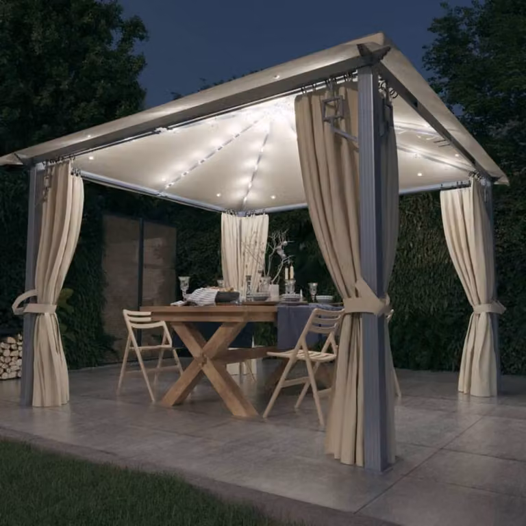 Berkfield Home Gazebo with Curtains and LED String Lights, Beige Aluminium, W/D/H: 300 x 300 x 270 cm