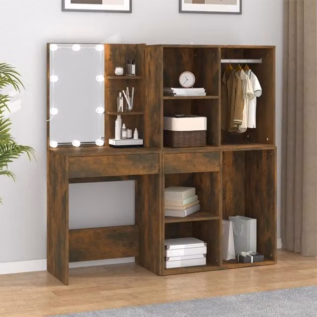 Berkfield Home LED Dressing Table with Cabinets in Smoked Oak Brown – 1