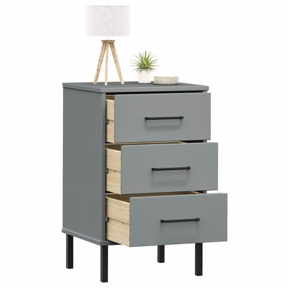 Berkfield Home Oslo Bedside Cabinet in Grey Solid Pine Wood with Metal Legs – 3