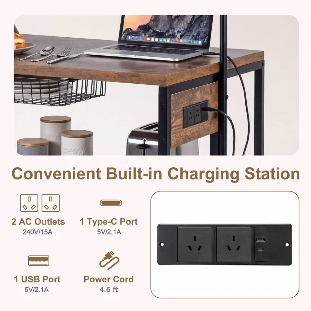 Gymax Metal Industrial Coffee Bar Table and Kitchen Island with Power Outlet in Brown – 5