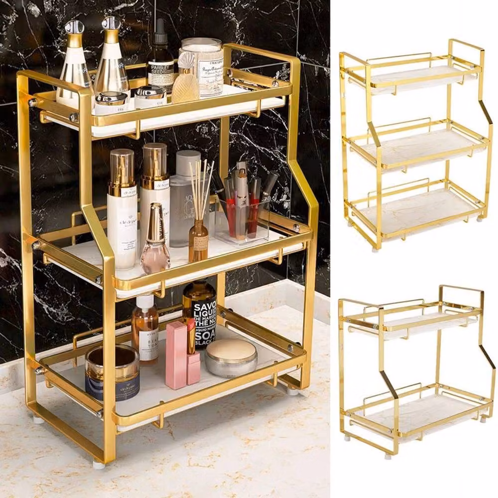 FORGEVIO 3 Tier Cosmetic Storage Rack and Makeup Organiser in Gold and White, W: 50.0 cm x D: 45.0 cm x H: 50.0 cm – 2