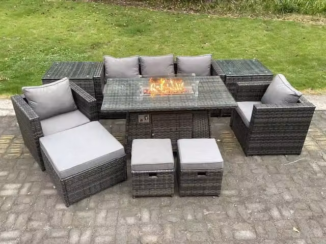 Fimous 8 Seater Dark Grey PE Rattan Garden Furniture Set with Gas Fire Pit Dining Table and Heater