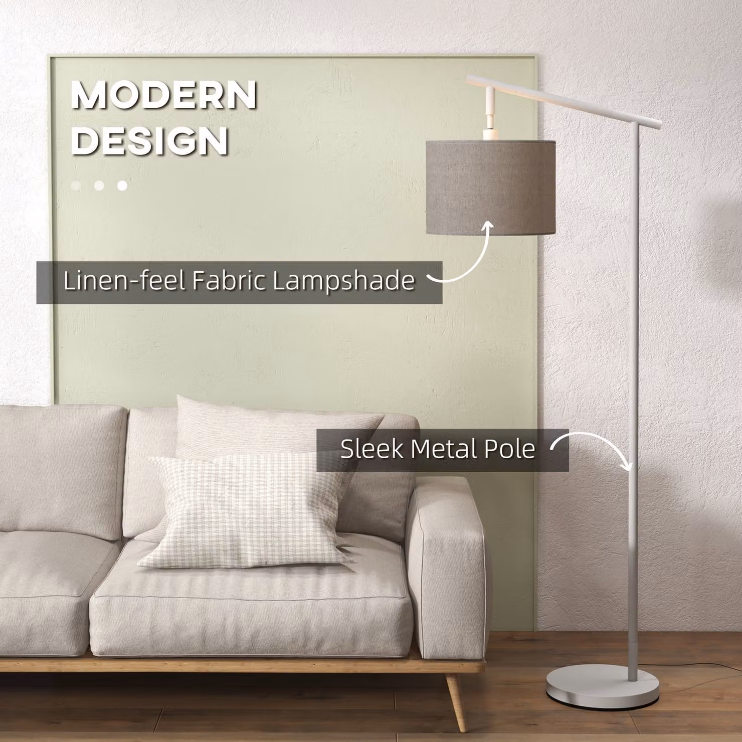 HOMCOM Modern Grey Floor Lamp with Adjustable LED Bulb for Living Room and Bedroom – 3