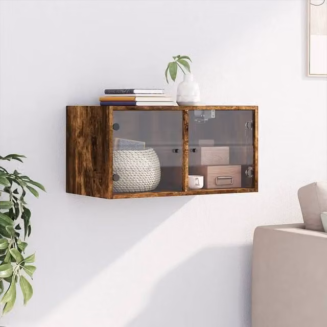Berkfield Home Wall Mounted Cabinet with Glass Doors in Smoked Oak Brown, W/D/H: 68.5 x 37 x 35 cm