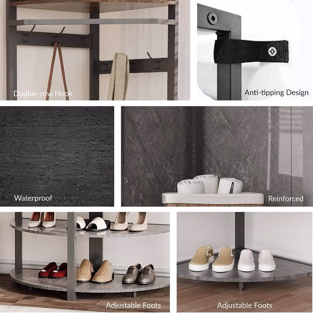 London Boutique Hall Tree Storage Bench and Coat Rack with Shelf and 6 Hooks in Grey – 2