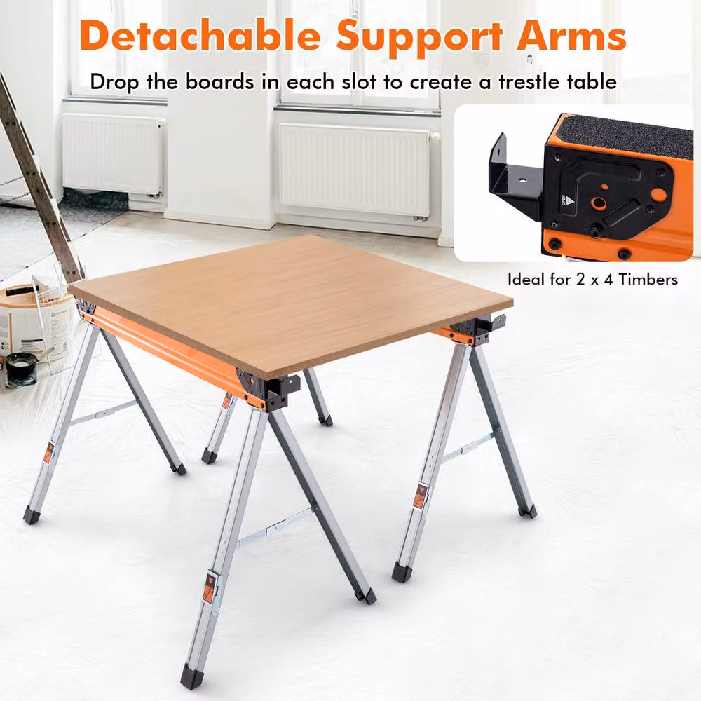 Gymax Set of 2 Portable Folding Sawhorses with Flip-down Pegs in Orange – 3