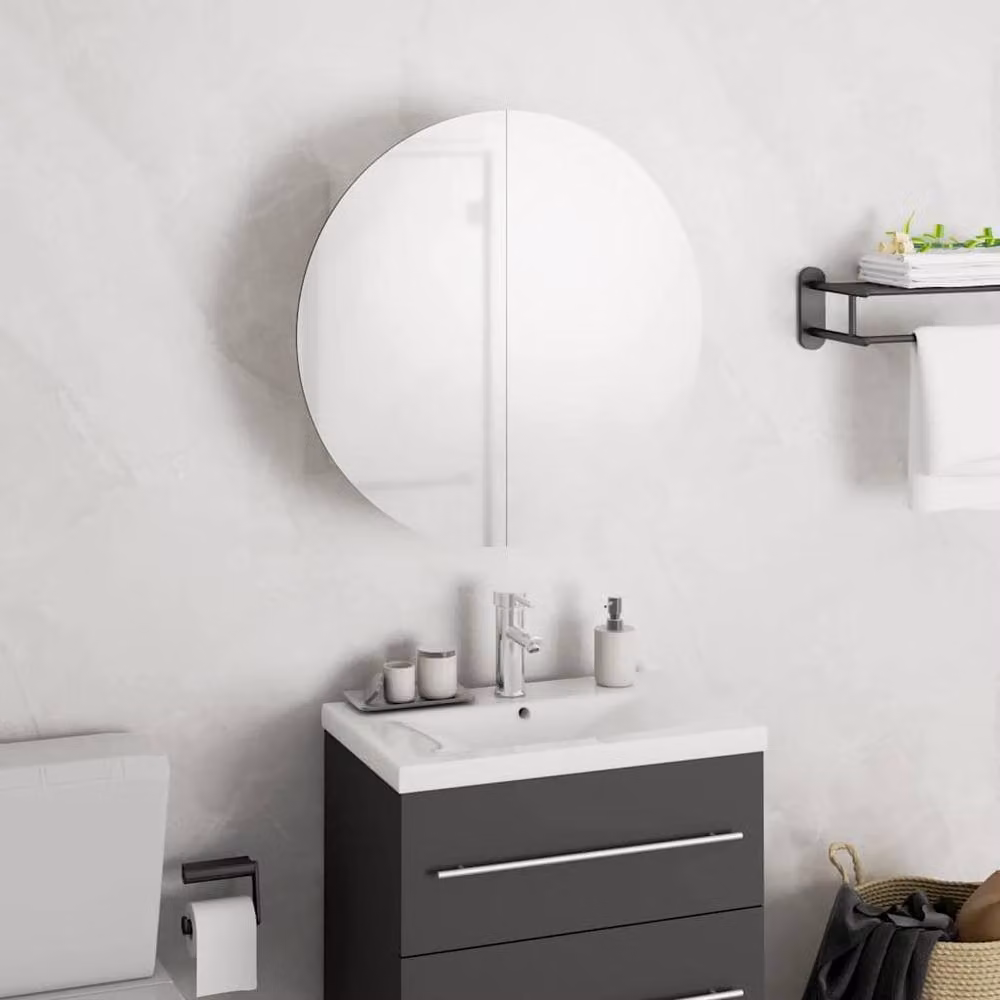 Berkfield Home Beautiful White Glossy Bathroom Cabinet with Round LED Mirror, W/D/H: 40 x 40 x 17.5 cm – 2