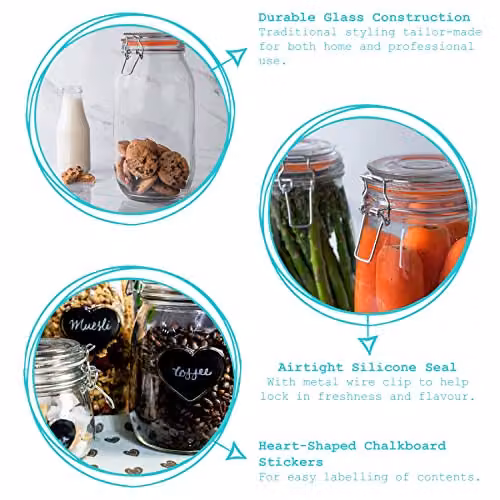 Argon Tableware Set of 6 Transparent Glass Storage Jars with Clip Lids and Labels, 1.5 l Each – 2