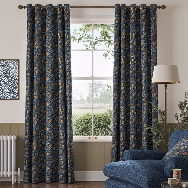 William Morris Fruit Velvet Made To Measure Floral Curtains in Midnight Blue