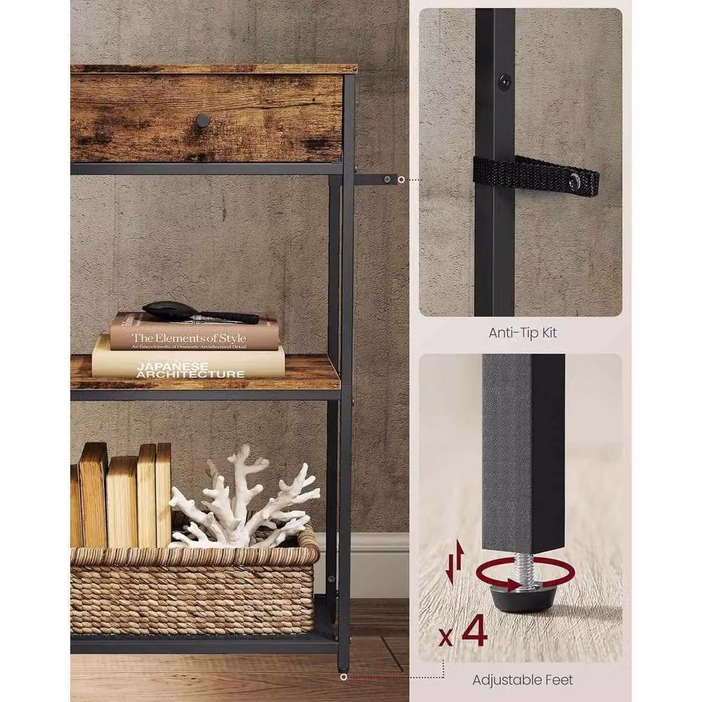The Bazaarist Industrial Narrow Console Table with 2 Drawers and 3 Shelves in Brown and Black – 5