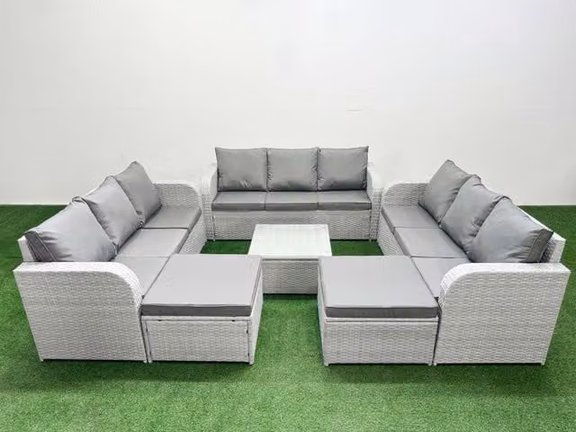 Fimous 11 Seater PE Rattan Outdoor Garden Furniture Set in Light Grey with 3 Seater Sofa, Square Coffee Table and 2 Footstools