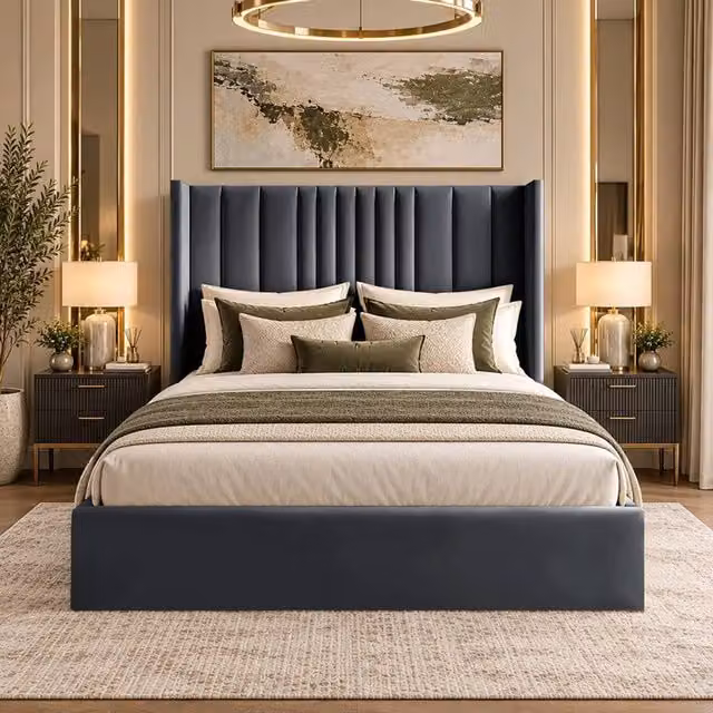 Desire Deco Adeline Upholstered Wingback Bed Frame in Charcoal Grey Velvet, W/D/H: 120 x 200 cm