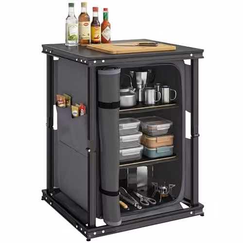 Outsunny Folding Portable Camping Kitchen Table and Cupboard in Black – 1