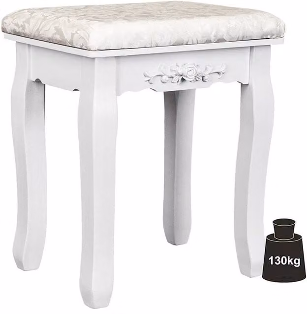 VOGREX Vintage White Dressing Table Stool with Floral Fabric and Wood Frame