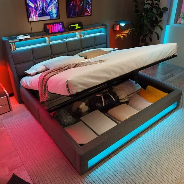 ModernLuxe Upholstered King Ottoman Bed in Grey with LED Lighting, USB-C Charging Port and Storage Headboard