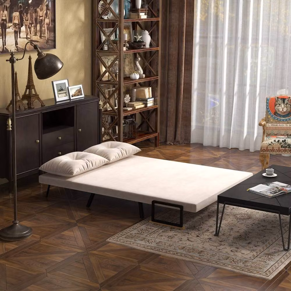 Wyld Haus Vaziva Beige Velvet 4-in-1 Convertible Double Sofa Bed with Scatter Cushions and Removable Covers – 4