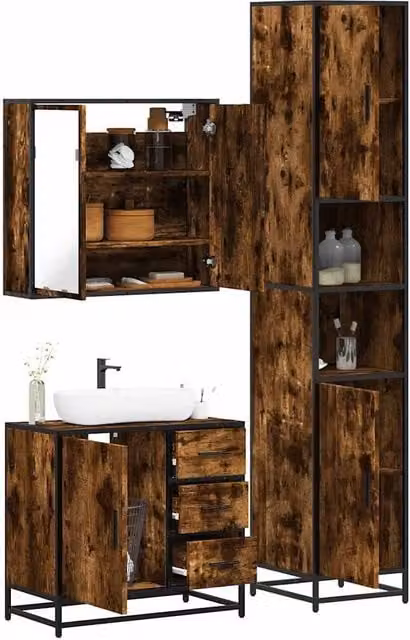 Berkfield Home 3 Piece Industrial Bathroom Furniture Set in Smoked Oak Brown