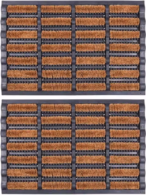 Nicola Spring Pack of 2 Brown Striped Coir and Rubber Heavy Duty Scraper Door Mats, W: 60 cm, D: 40 cm