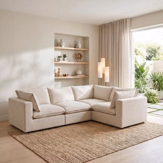 Furniturebox UK Echo Reversible 3 Seater Modular L-Shape Corner Sofa in Beige Fabric with Scatter Cushions