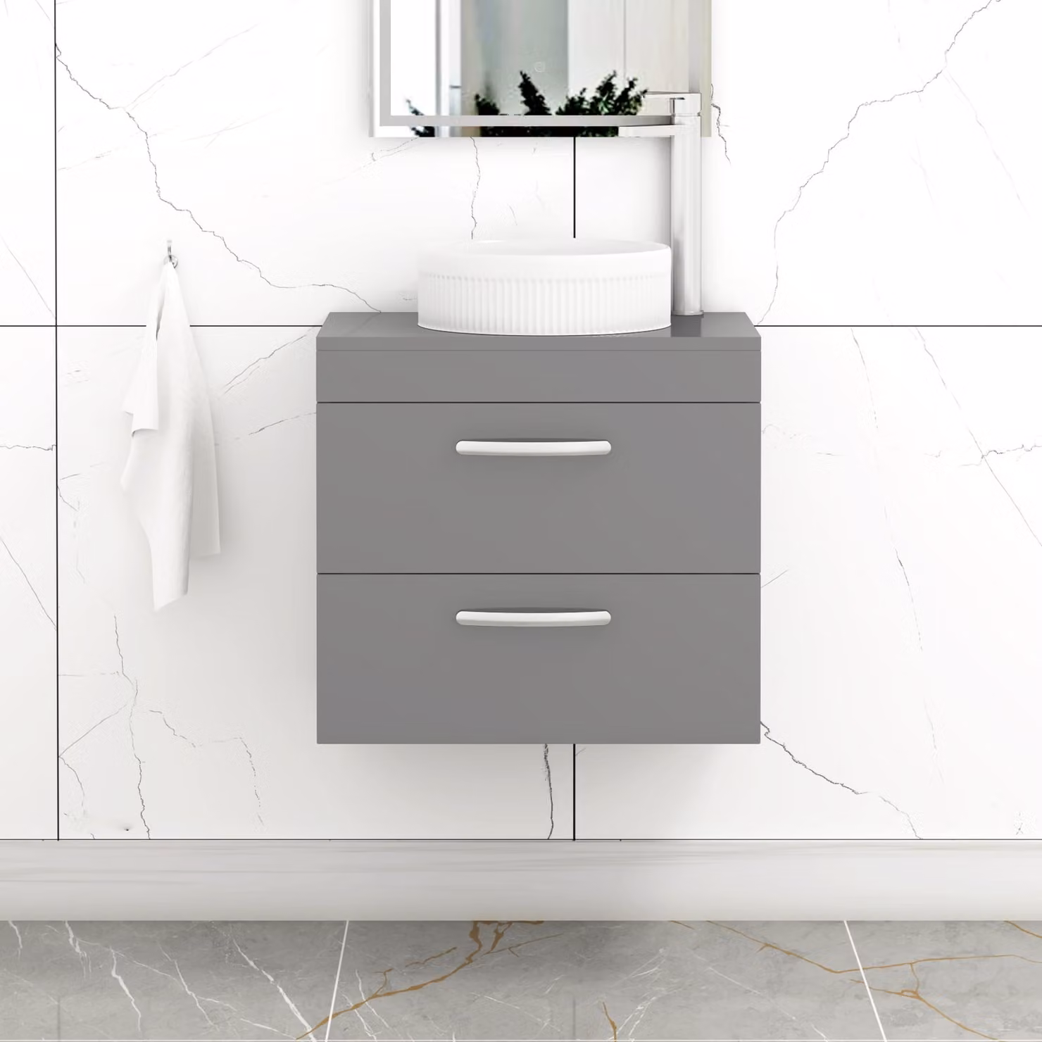 Royal Bathrooms Turin 600mm Wall Hung Vanity Unit with 2 Drawers and Round Countertop Basin in Indigo Grey Gloss