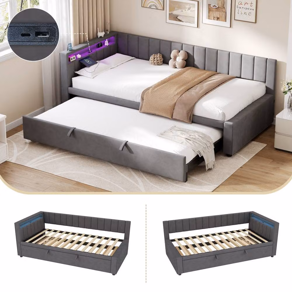ModernLuxe Grey Velvet Upholstered Single Daybed with LED Lights, USB Charging Port and Pull Out Trundle, W/D/H: 90 x 190 cm – 2