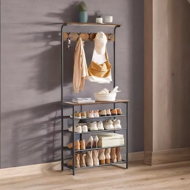 Rafaelo Mobilia Industrial Rustic Hallway Tree Coat Stand with 5 Tier Shoe Rack in Dark Brown – 1