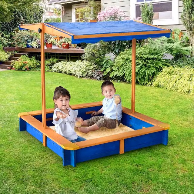 Teamson Kids Wooden Outdoor Garden Sandbox with Canopy and Lid in Brown and Blue