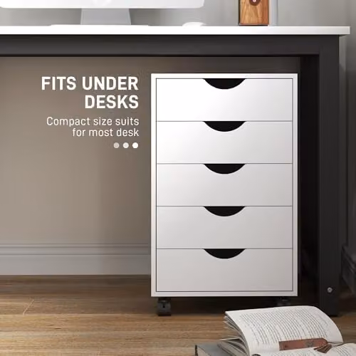 HOMCOM White Rolling Vertical Filing Cabinet with Castors – 5