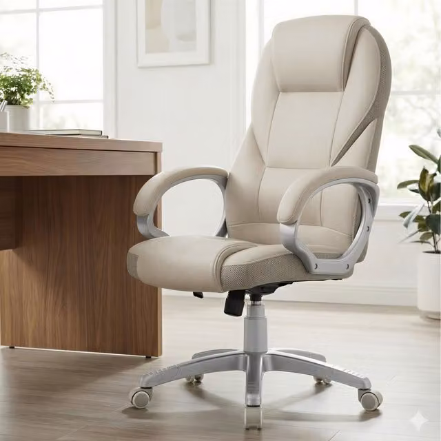 SONGMICS Ergonomic Swivel Office Chair in Beige and White Synthetic Leather with Armrests and Castors
