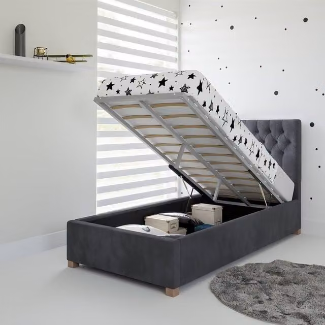 Rest Relax Mia Grey Fabric Upholstered Single Ottoman Bed with Lift Up Base W/D/H: 90 x 200 cm – 1
