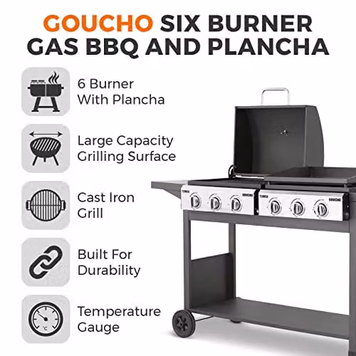 Tower Goucho 6 Burner Gas BBQ and Plancha with Precision Heat Thermometer and Waterproof Cover, Black, T978544 – 2