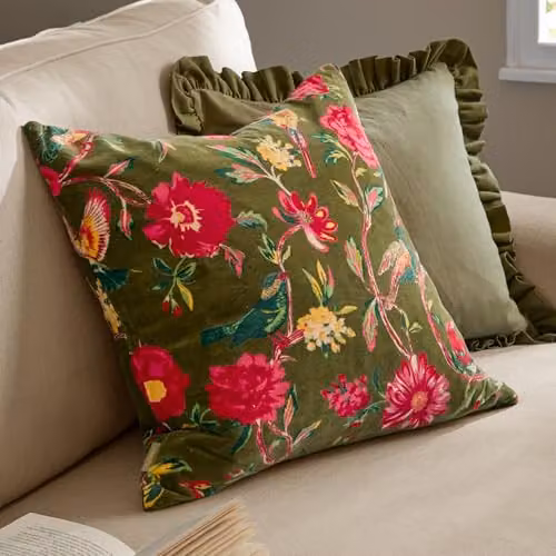 Riva Home Wylder Aviary Floral Cotton Velvet Decorative Cushion, Green, W/D/H: 50 x 50 x 50 cm – 4