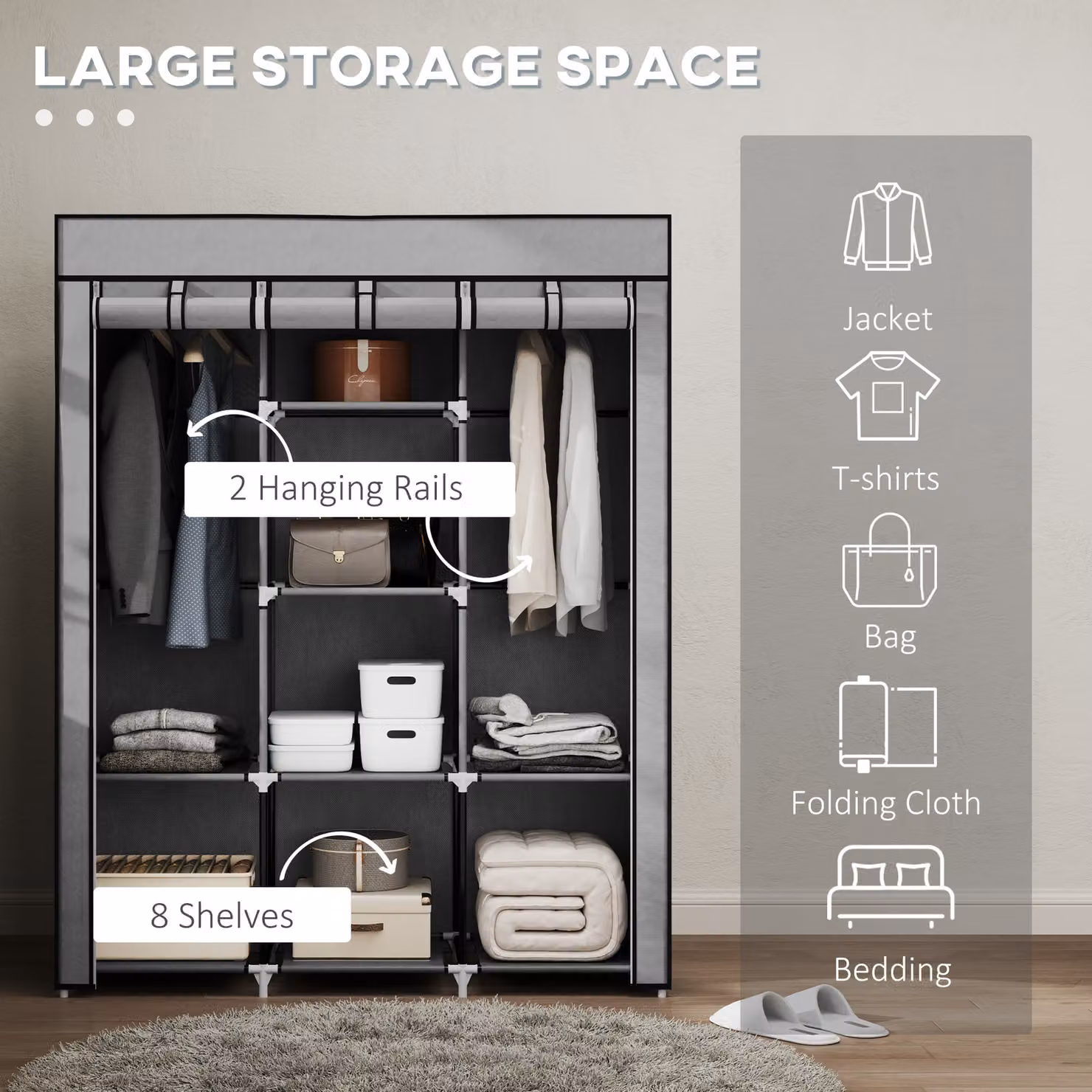 HOMCOM Portable Fabric Wardrobe with Hanging Rods and Shelves, Grey, W/D/H: 125 x 43 x 162.5 cm – 3
