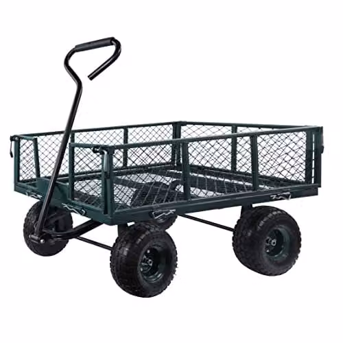MOUNTALL Heavy Duty Steel Garden Cart Trolley with Folding Sides and 10 inch Pneumatic Tyres, Black Mesh, 350kg Capacity – 1