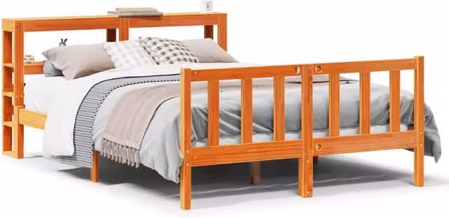 Berkfield Home Small Double Bed Frame with Headboard and Side Compartments in Waxed Brown Solid Pine Wood, W/D/H: 120 x 190 cm – 1