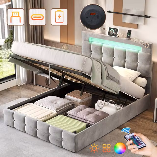 Matteo Grey Velvet Double Ottoman Bed Frame with LED Lighting and USB Charging Port, W/D/H: 140 x 200 cm – 1