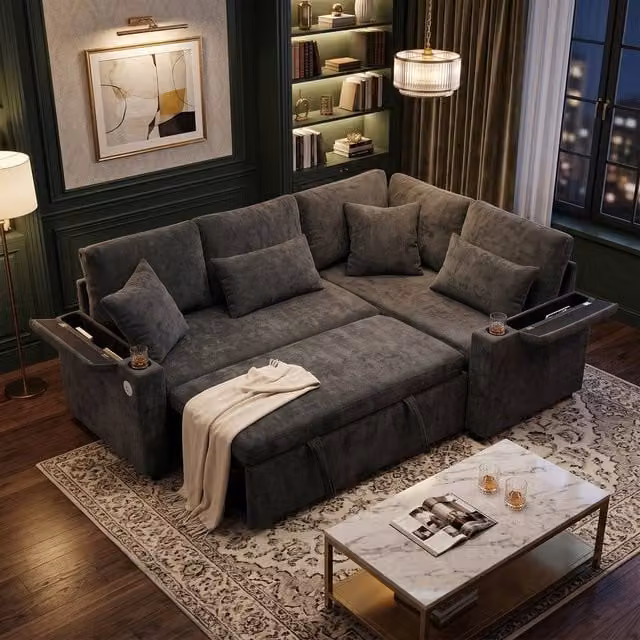 FENCHILIN L-Shaped Sofa Bed in Grey with Pull-out Sleeper, USB Charging and Armrest Storage