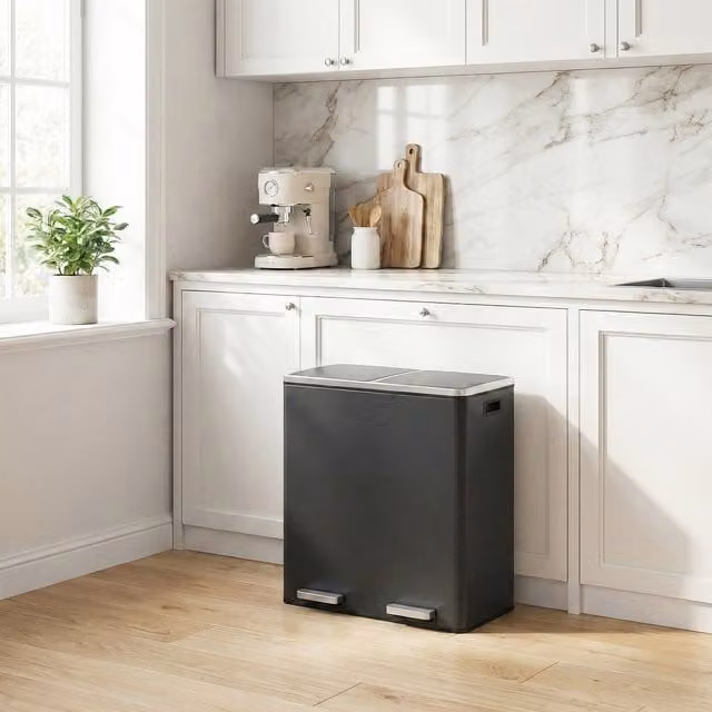 SONGMICS Double Pedal Kitchen Bin with Removable Inner Buckets, Black, 2 x 30L