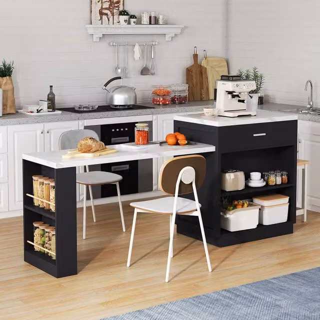 Merax Kitchen Island Cabinet with Extendable Dining Table and Charging Station in Black – 1