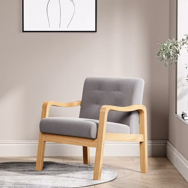 Livingandhome Grey Fabric Retro Armchair with Solid Wood Frame and Armrests